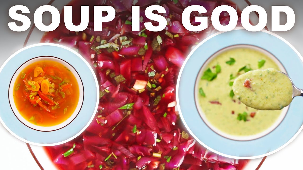 Острые супы из моркови, фиолетовой капусты и картофеля, а также крем-супы из брокколи