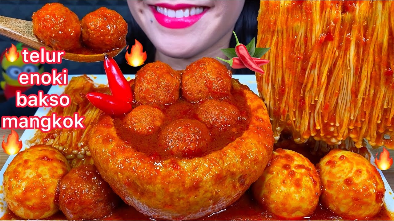 MAKAN TELUR BAKSO MANGKOK PEDAS *SPICY BOWL MEATBALL ENOKI EGG ASMR MASSIVE Eating Sounds