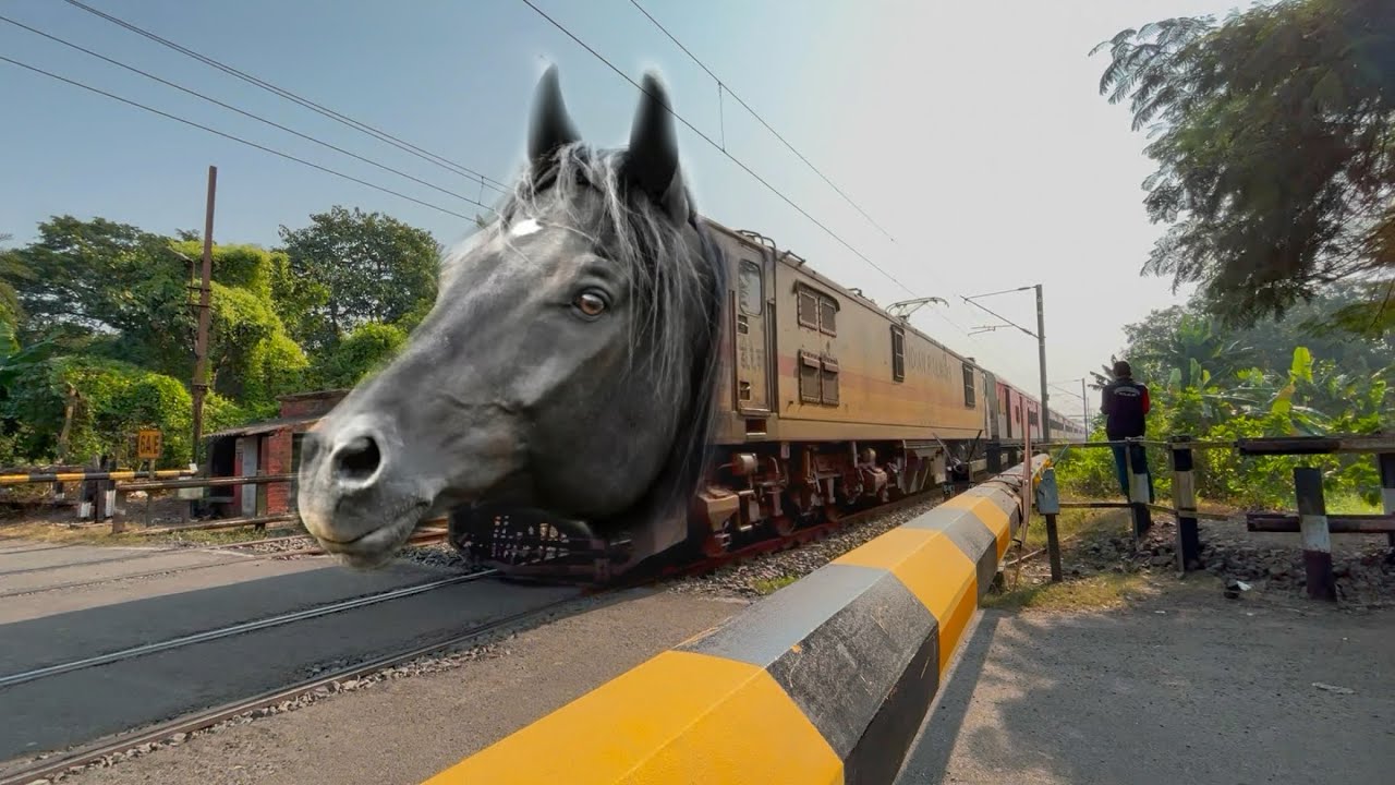 Dangerous Horse Headed Balurghat Express Furious Moving Throughout at Railgate Crossing 
