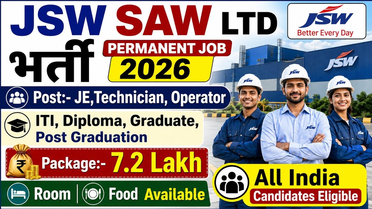 Jindal Steel Permanent Job 2026/JSW Saw Limited Recruitment 2026 /ITI Diploma Graduated BTech