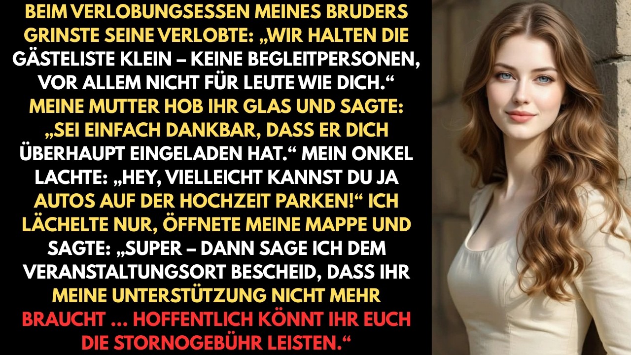 Beim Verlobungsessen meines Bruders grinste seine Verlobte: „Wir halten die Gästeliste klein – keine