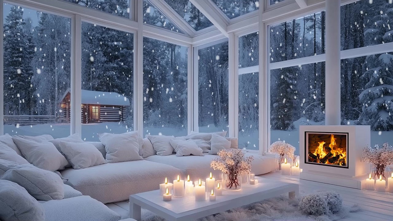 ❄️🎹 Cozy Winter Piano Lounge | Snowfall Outside, Fireplace Glow & White Flowers | Relax Study Sleep