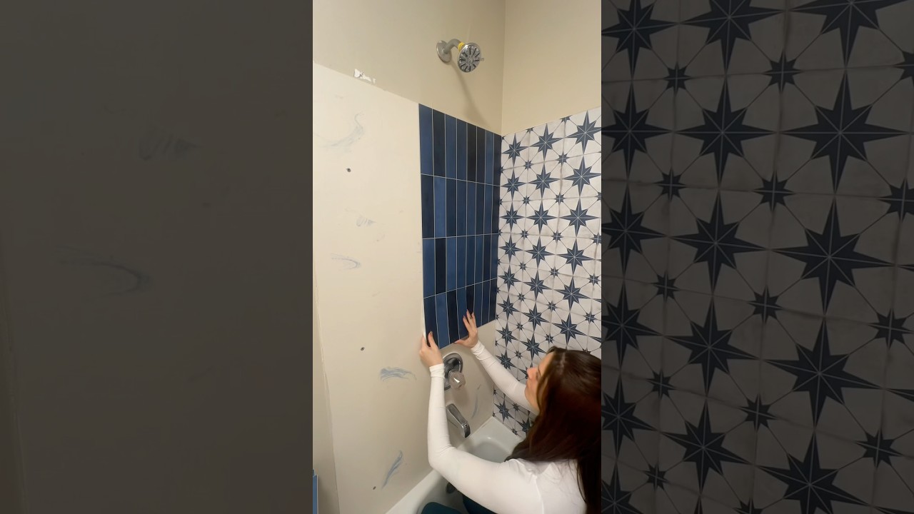 Peel and stick tiling the shower ✨ #bathroomdesign #homedecor