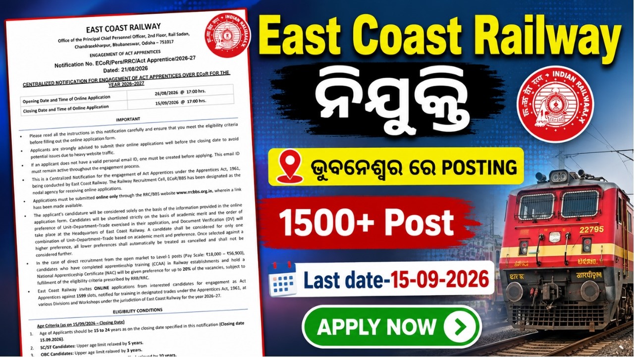 East Coast Railway Bhubaneswar Recruitment 2026 | 1500+ Vacancy | Apply Online