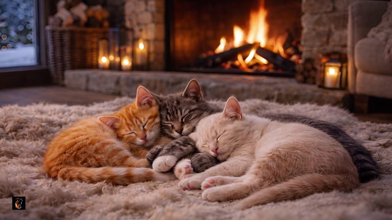 Cozy Fireplace with Sleeping Kittens 🐾 Gentle Cat Purring & Warm Fire Sounds for Deep Sleep