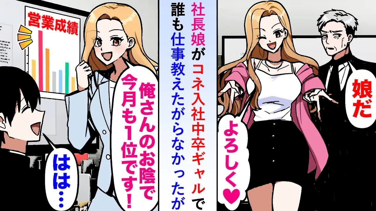 【漫画】社長娘がコネ入社中卒ギャルで誰も仕事教えたがらなかったが俺が教育係になると「俺さんのお陰で今月も一位です！」【恋愛マンガ動画】