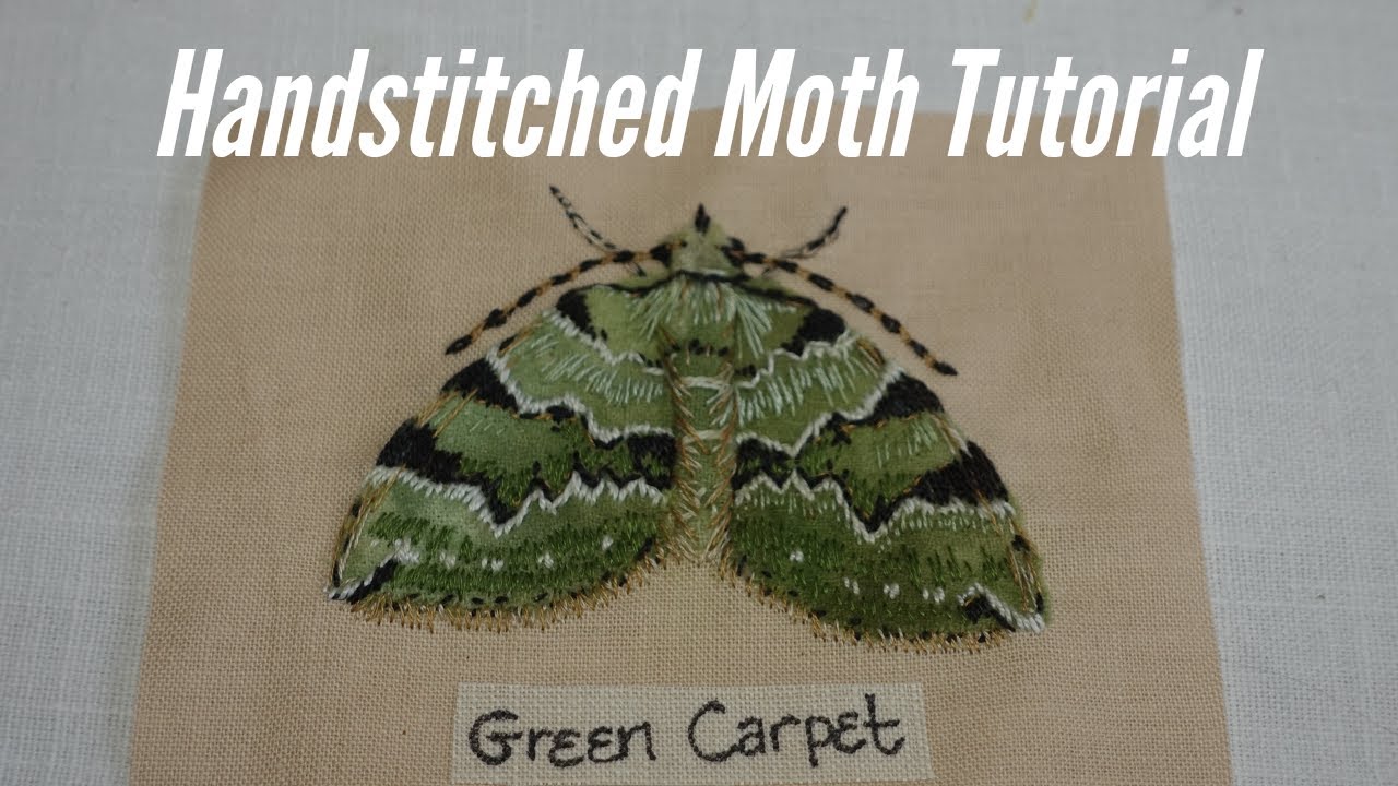 Handstitching a Green Carpet Moth.  The Second in a  Series of Embroidered Moths