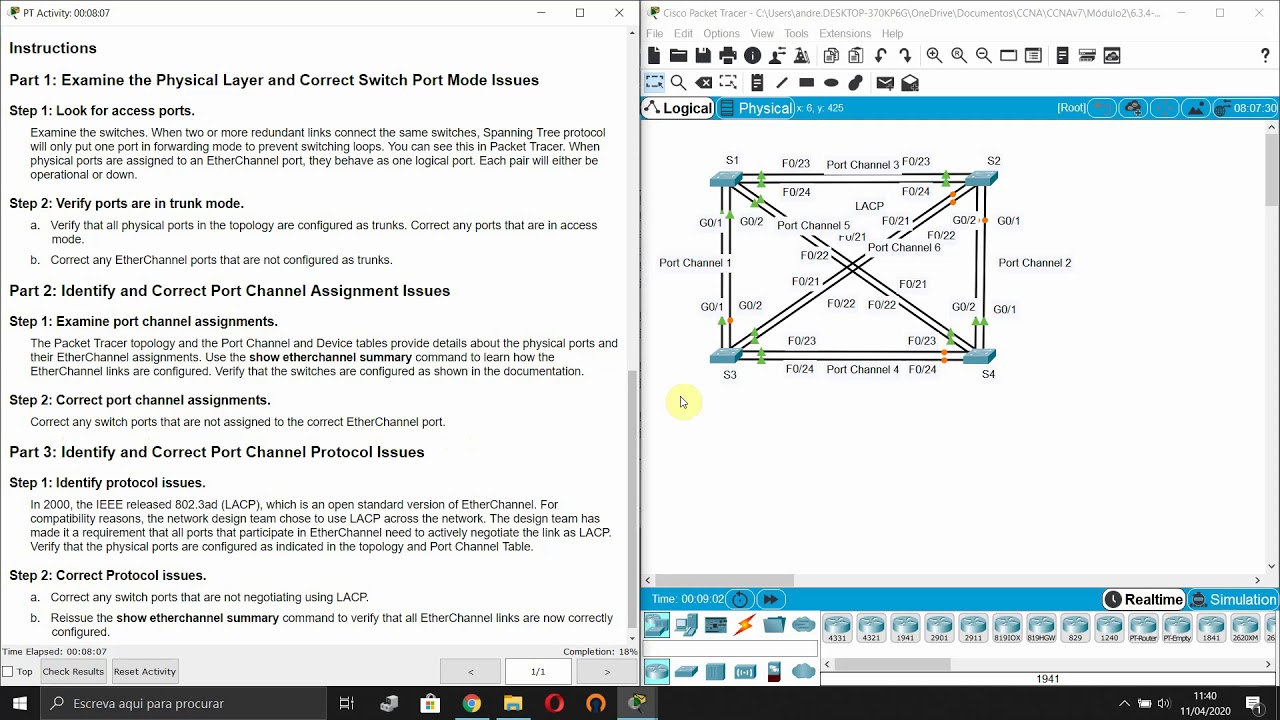 6.3.4 Packet Tracer - Troubleshoot Etherchannel (CCNAv7 200-301)