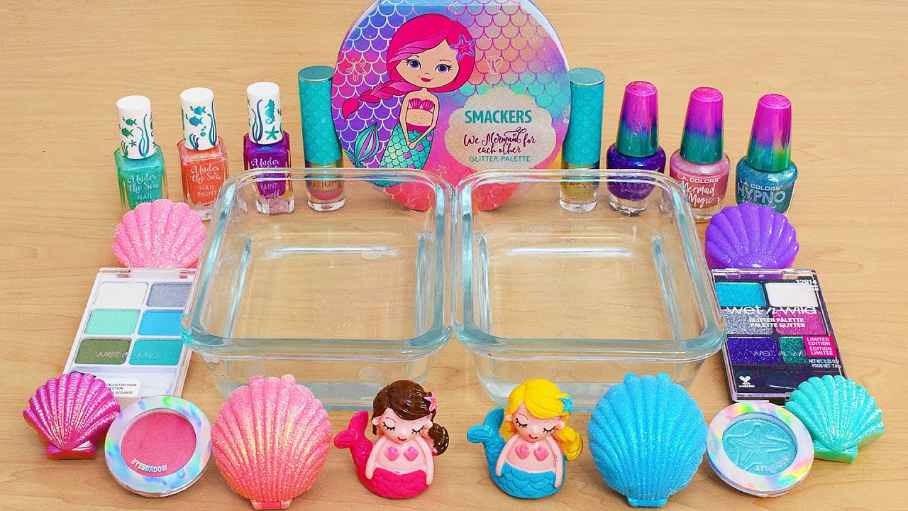 Mermaid Matte vs Glitter Slime ASMR - Mixing Makeup Eyeshadow Into Slime