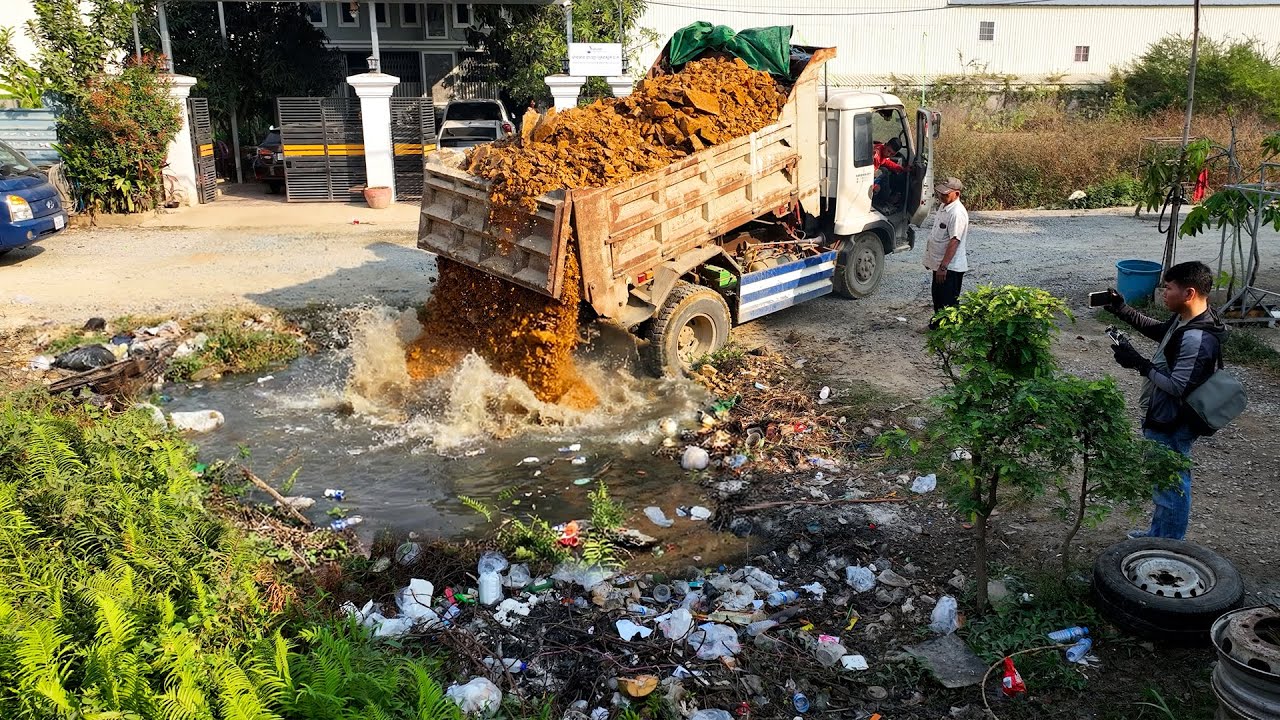 First Start a New Project! Landfill Delete Flooded Garbage Using Dozer Pushing RockSoil with Truck
