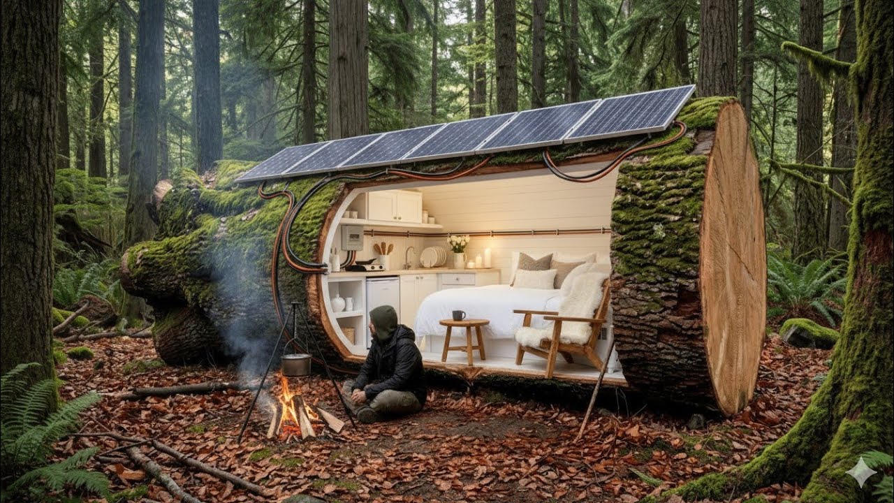 Building Secret Underground Modern Shelter in Huge Tree Log ASMR