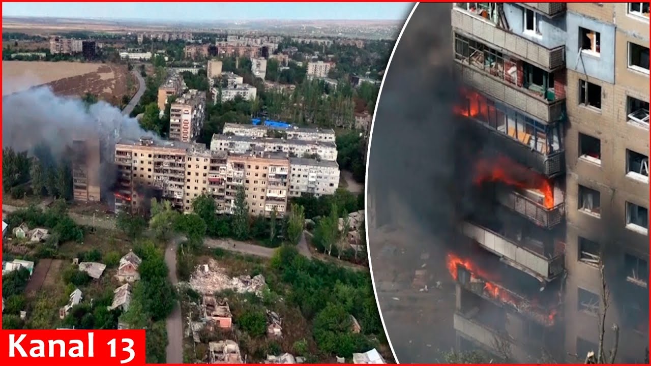 Aerial footage shows Russian strike setting apartment block ablaze in Kostiantynivka