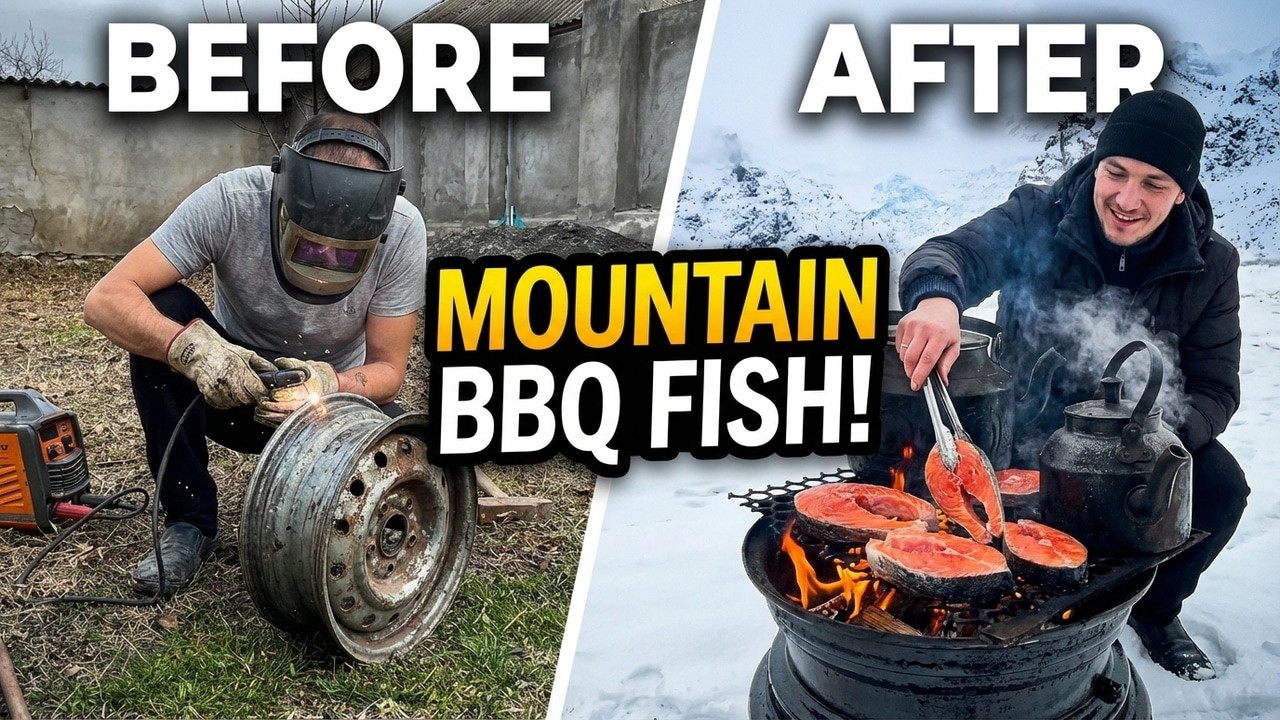 Mountain barbecue made from a junk car rim | Fish cooking like never before#Mountain #Baliq #cooking