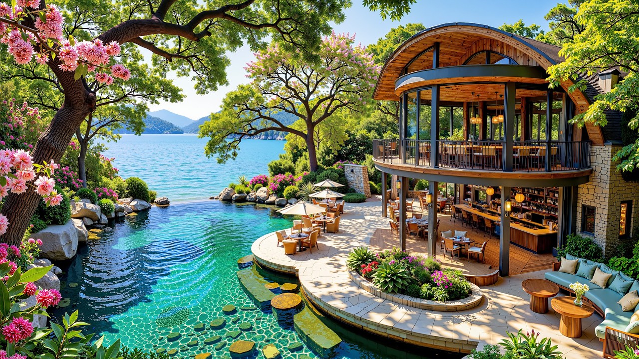 Curved Wood Bar Jazz  | Gentle Jazz Ambience By A Blue Lake With Floral Nature To Relieve Stress