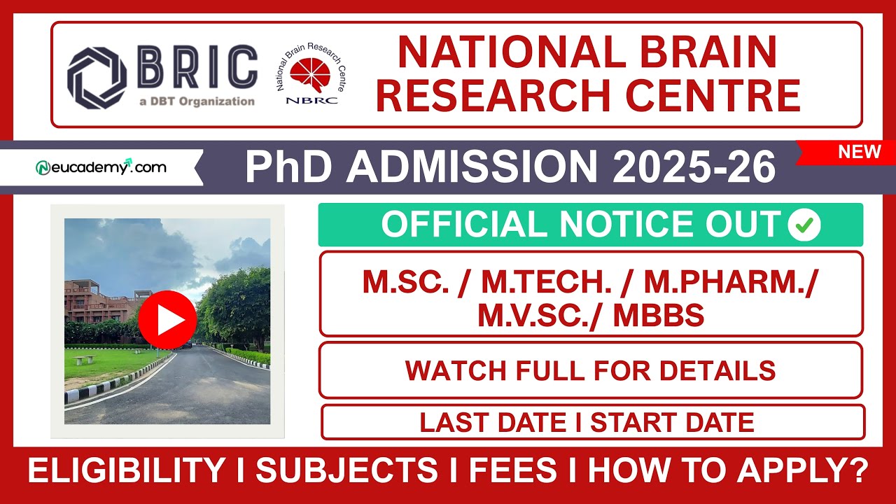 National Brain Research Centre (NBRC) PhD Admission 2025-26 | Eligibility, Seats & How to Apply?