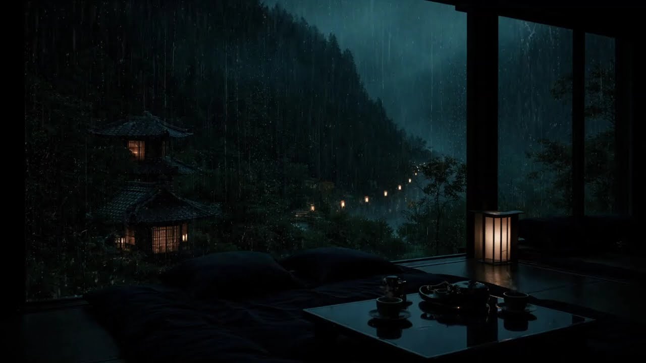 Calm Rain Sounds in a Japanese Room (No Ads) | Night Garden Ambience for Relaxing Sleep