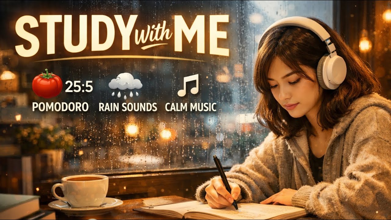 🌧️2H STUDY WITH ME SESSION | at the coffee shop☕️ | Pomodoro method | Rain sound and calm music