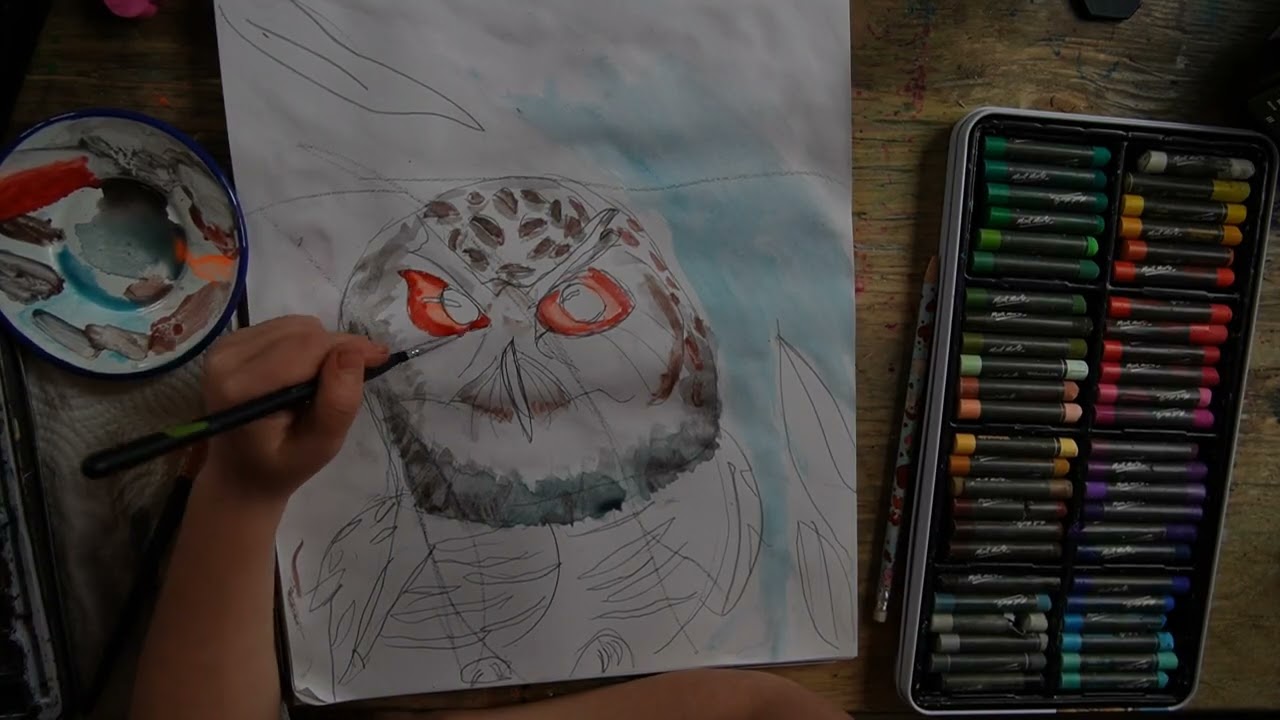 Drawing a winter owl for Grandpa's Birthday with water colors!