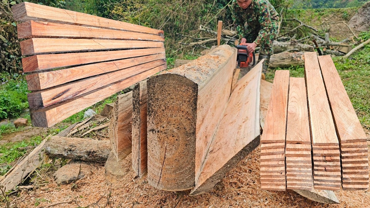 How to saw large logs into planks and house pillars using a Husqvarna chainsaw.