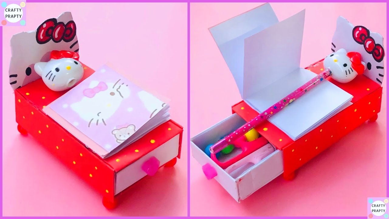 How to make Hello kitty Toy Doll Bed Stationery Organizer With paper/ School supplies