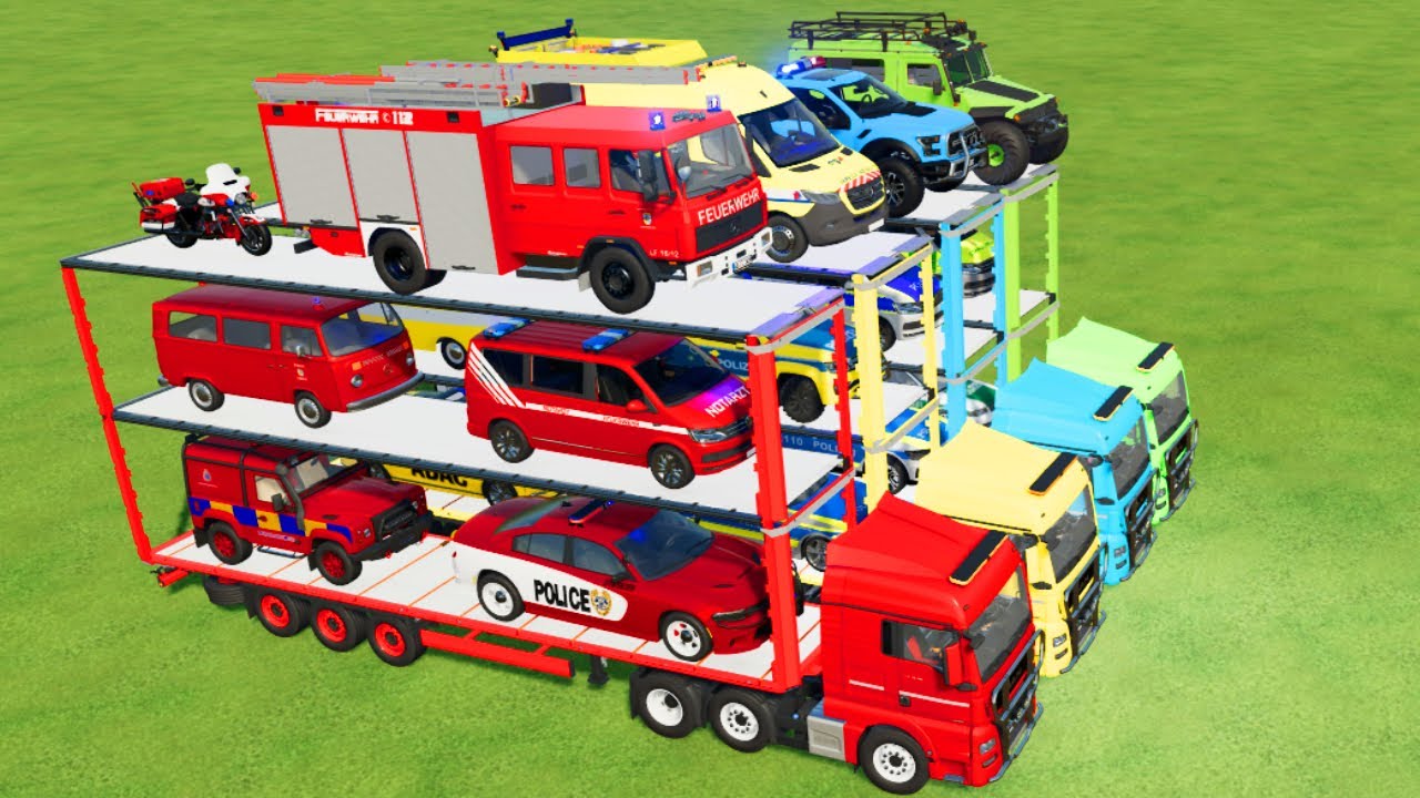 LOAD & TRANSPORT AMBULANCE, POLICE CARS, FIRE TRUCK, JEEP, MOTORBIKE, PICKUP -Farming Simulator 22