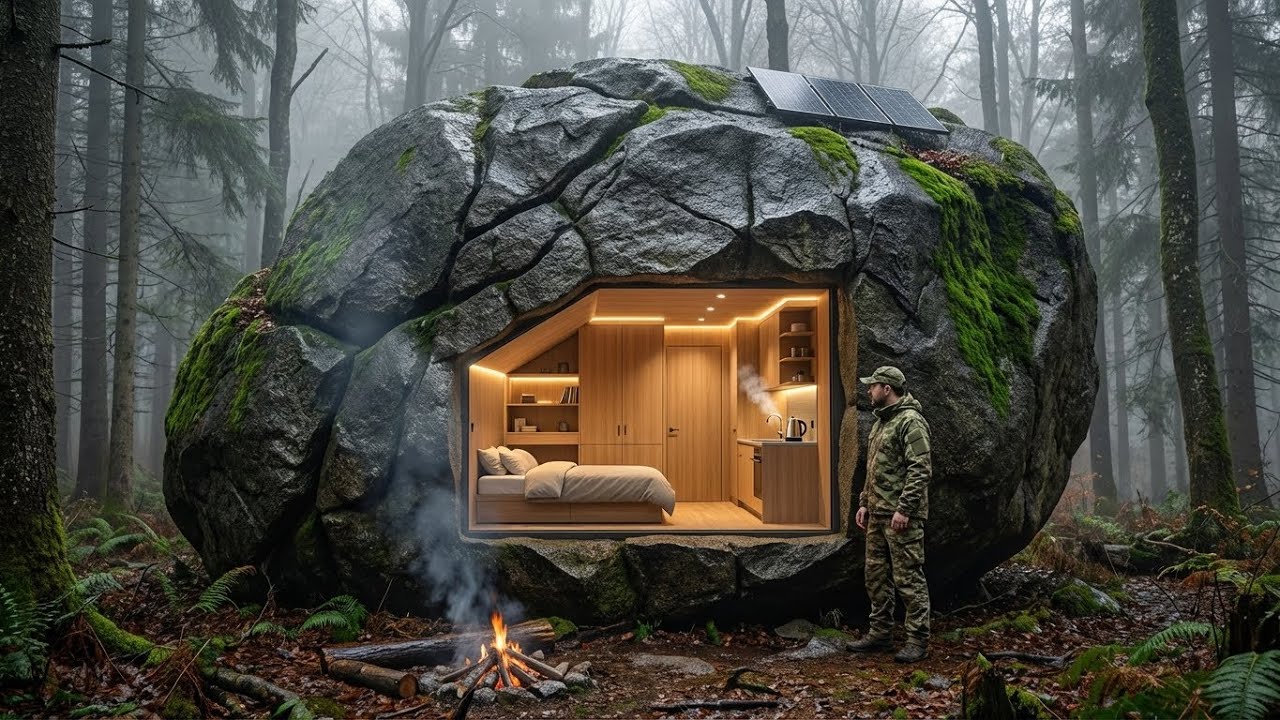 Building a house in a stone (ASMR) - This man built a cozy home inside a 15-meter boulder by himself