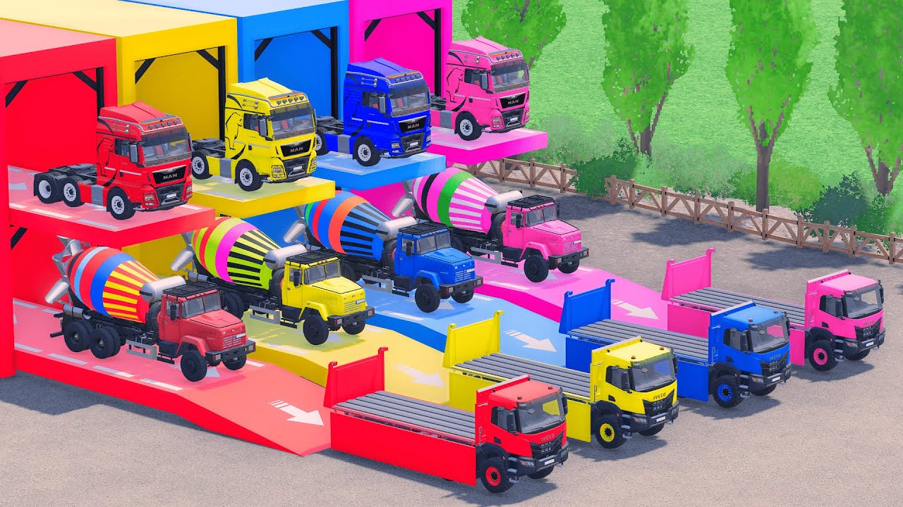 Garage with Colors   ALL MIXER TRUCK WITH DOUBLE FLATBED TRAILER TRUCK, MAN, IVECO, AMERICAN TRUCK,