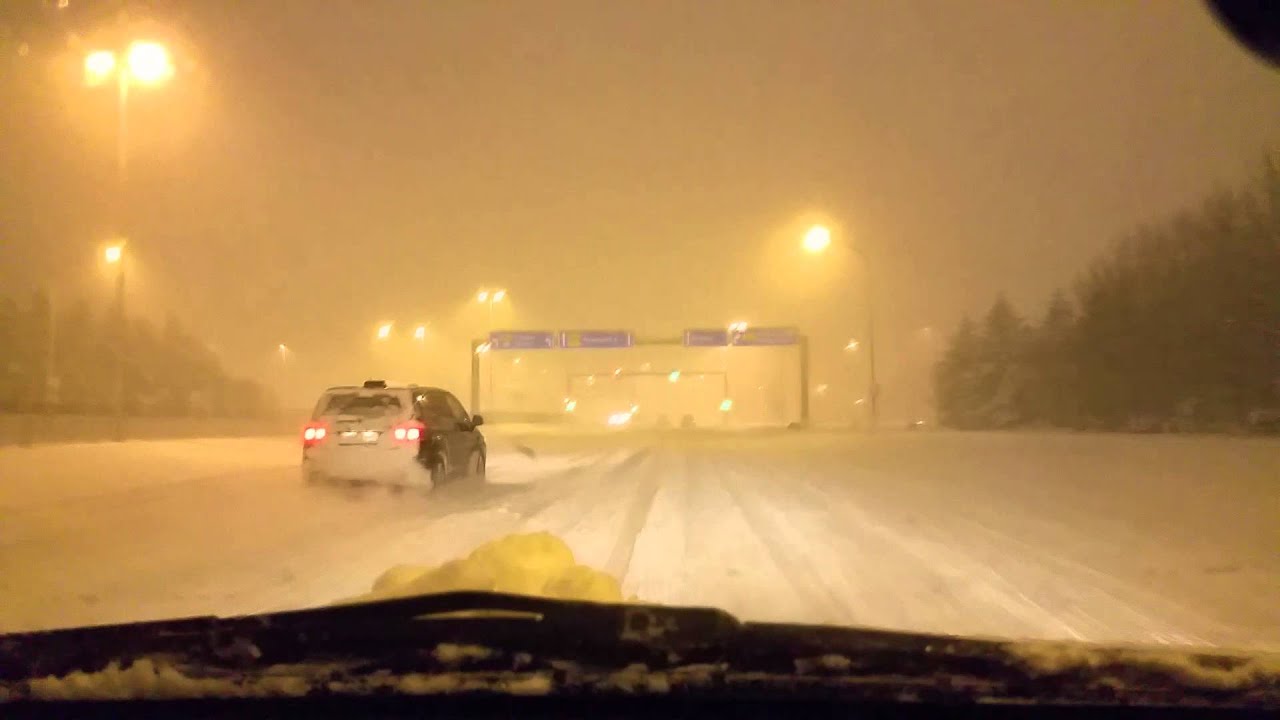 Winter drive in Reykjavik, Iceland , snow has arrived!