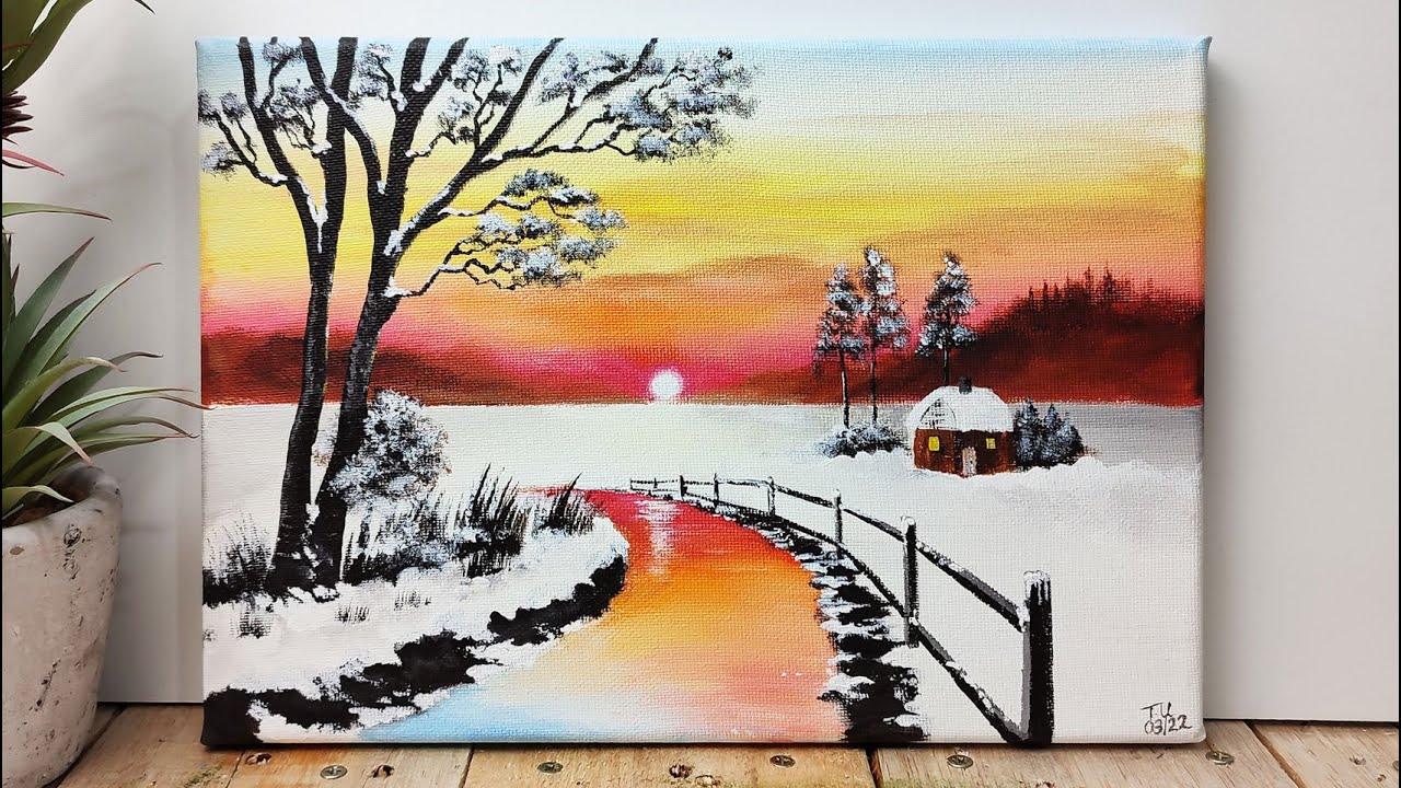Evening Snow Acrylic Canvas Painting, Easy to follow for Beginners #acrylicart #howtopaint #canvas