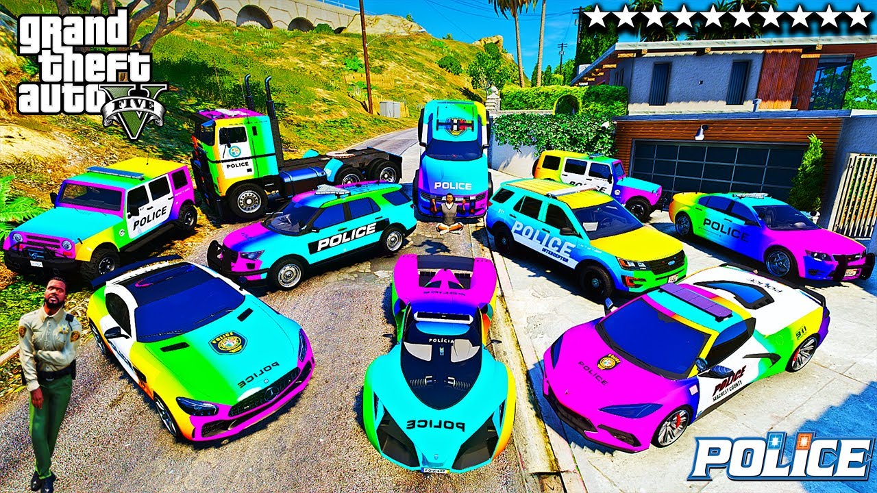 GTA 5 - Stealing RAINBOW POLICE CARS with Franklin! (Real Life Cars #84)