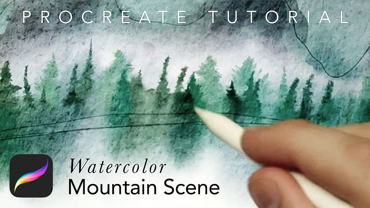 Procreate Watercolor Mountain Scene Narrated Tutorial & Walkthrough ( Water color Pine Trees )