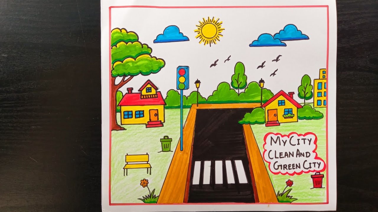 My Dream City Drawing For Beginners/ Clean And Green City Drawing For Competition