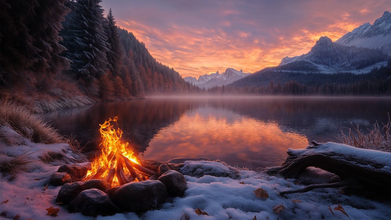 Peaceful Winter Campfire Ambience ❄️ Relaxing Crackling Fire & Mountain Lakeside