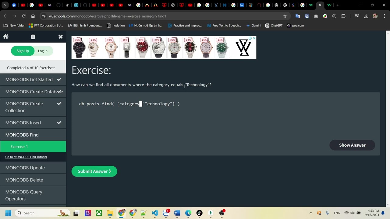 How can we find all documents where the category equals Technology