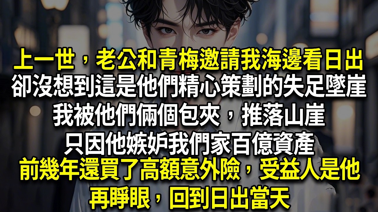 上一世，老公和青梅邀請我海邊看日出，說是為我慶生。卻沒想到這是他們精心策劃的「失足墜崖」。我被他們倆個包夾，推落山崖。只因他嫉妒我們家百億資產，前幾年還買了高額意外險，受益人是他。再睜眼，回到日出當天