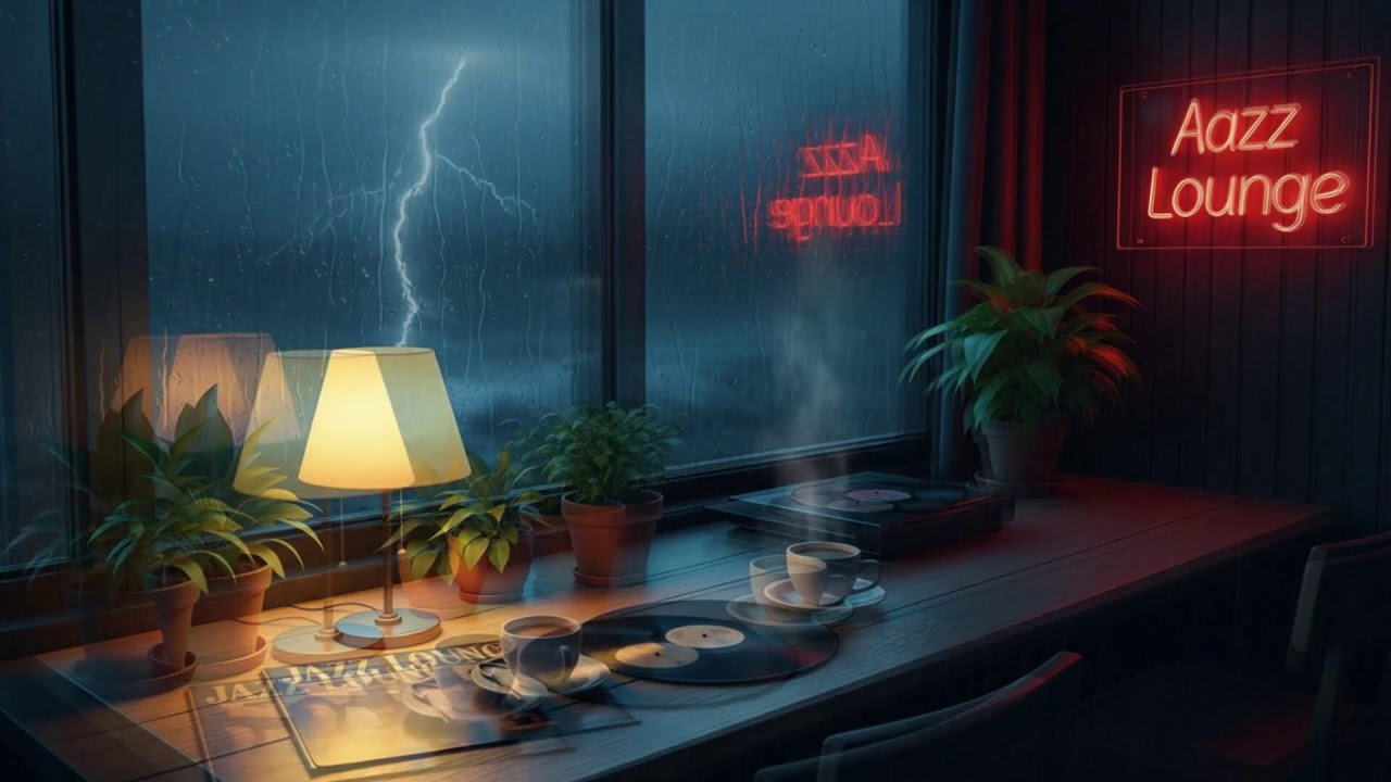 Cozy Thunder Storm Jazz Lounge ｜ Late Evening Calm ☕⚡🌙🎷✨