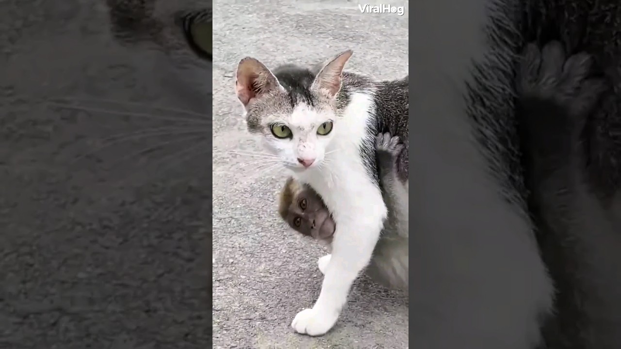 A cat 🐈 adopt a baby monkey 🐒