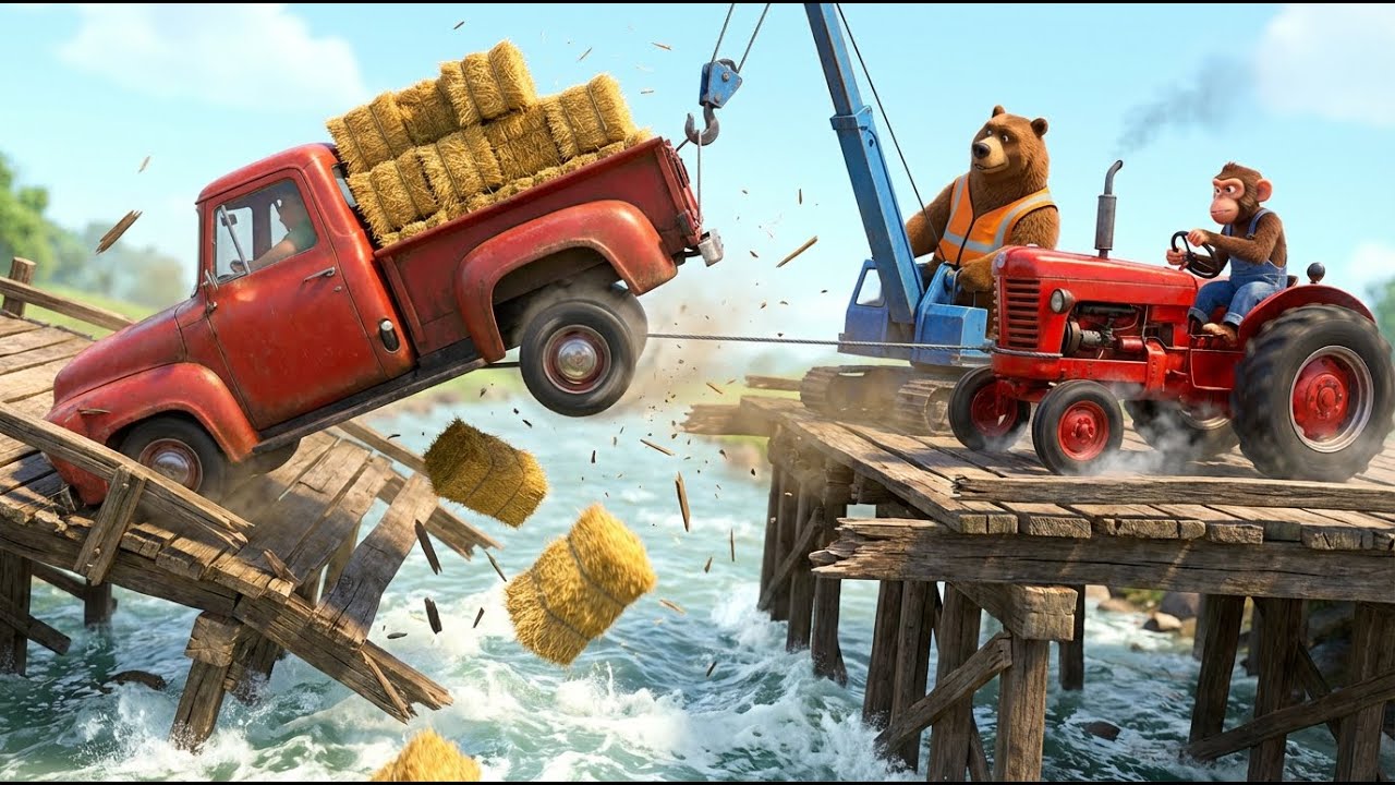 Monkey Drives Tractor 🚜💨 Heroic Bridge Rescue Mission With Crane 🏗️