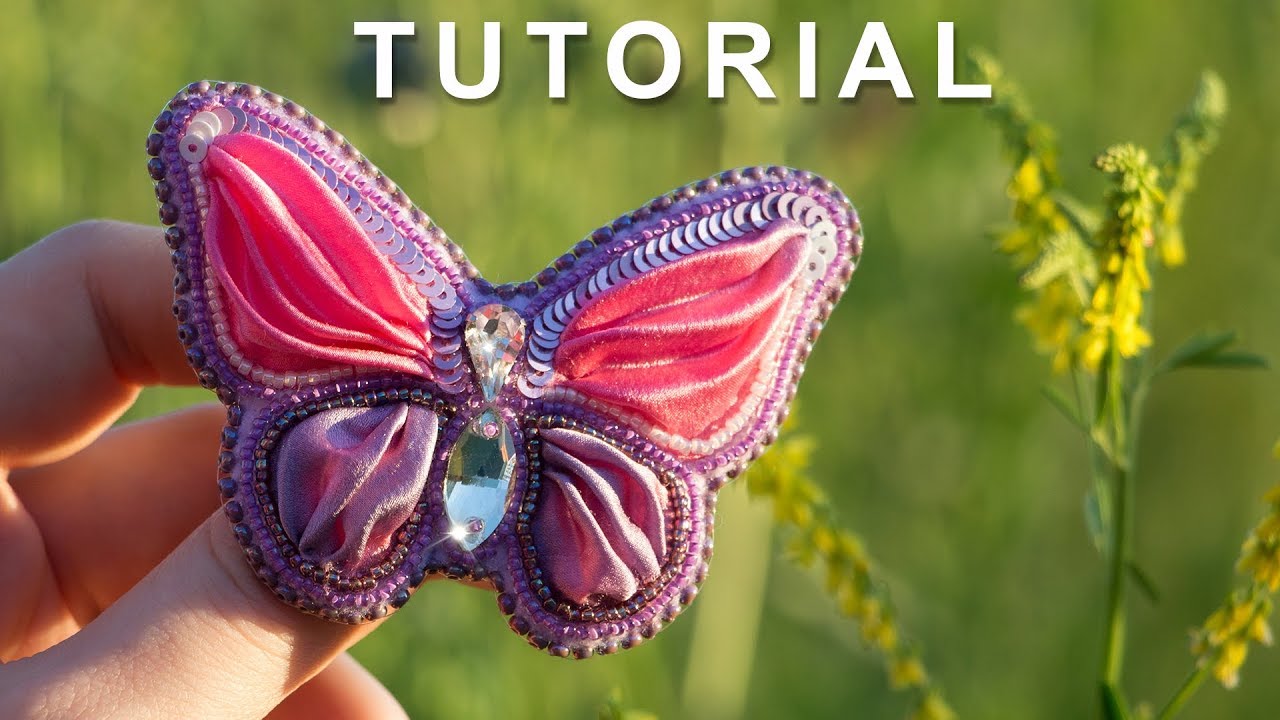 Butterfly Brooch made of Shibori Ribbon, beads and sequins / Tutorial / DIY