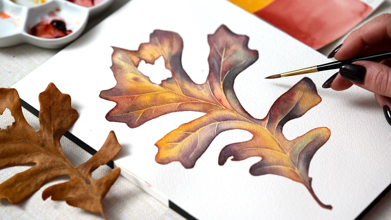 Рисуем идеальный акварельный лист 🍂 Реалистичный дуб: пошаговое руководство