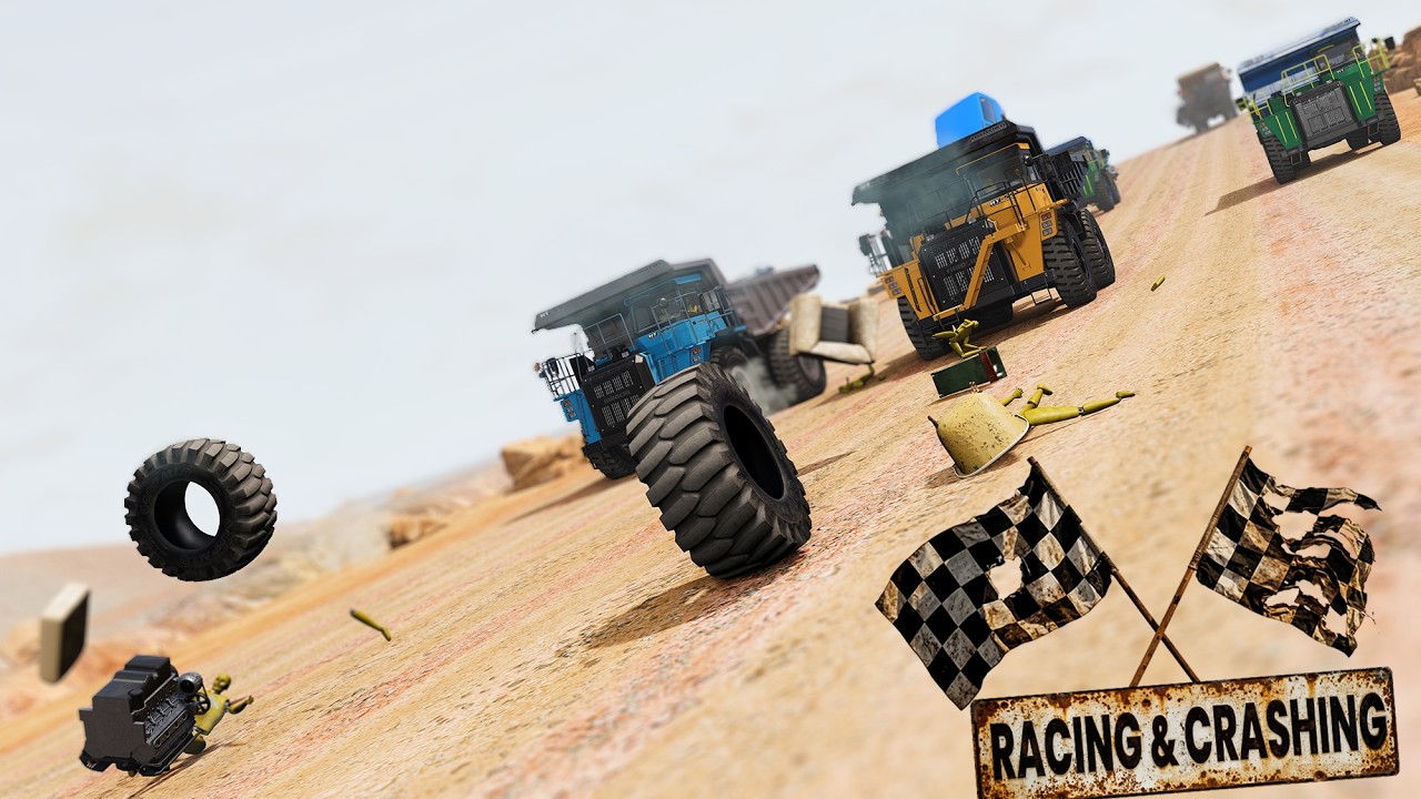 BeamNG Drive - Racing On The Long Bumpy Desert Road - Mining Trucks