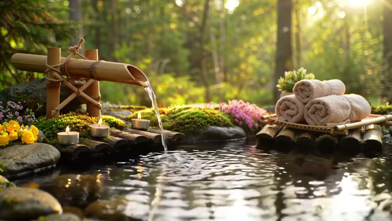 Calming Zen Natural Energy Bamboo Water Flow and Candle Glow with Light and Earth Tones for Deep Sle