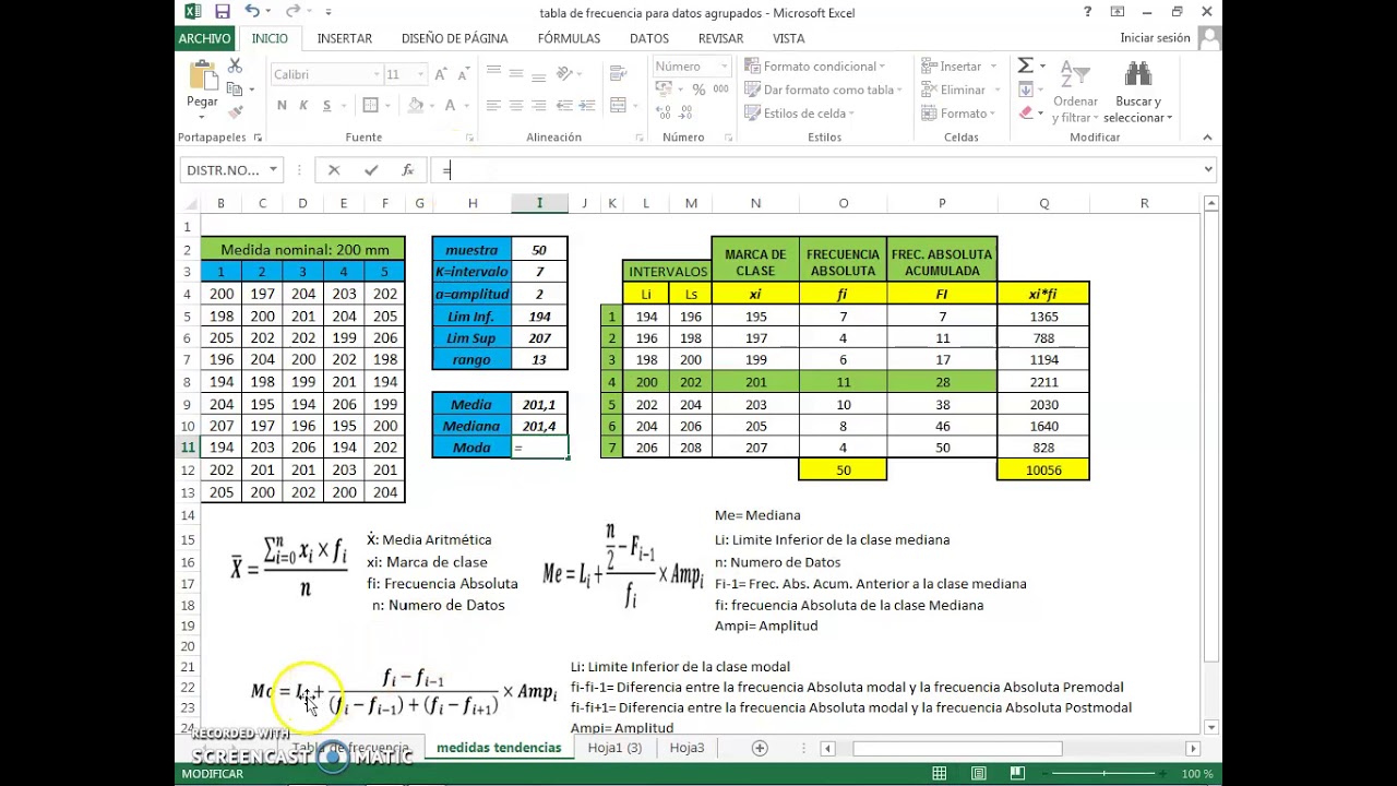 Cálculo de Media, Mediana y Moda  para datos agrupados en intervalos con Excel. Con Link de Descarga