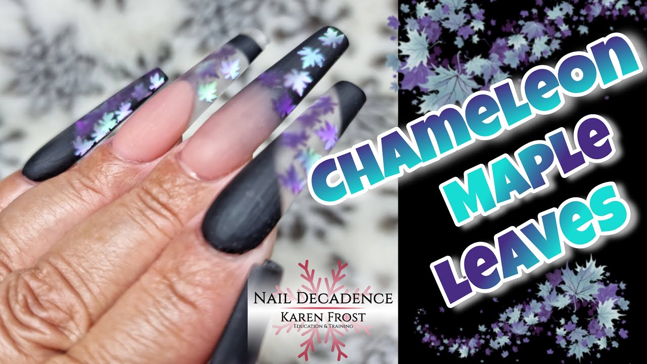 Acrylic Nails | Black | Negative Space | Matte | Chameleon Maple Leaves | 
