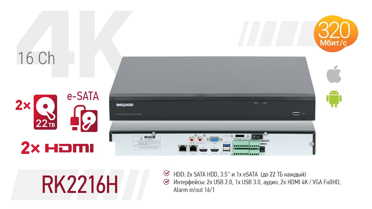 IP-видеорегистратор BEWARD RK2216H: 16 каналов, камеры до 12 Мп, суммарно до 320 Мбит/с