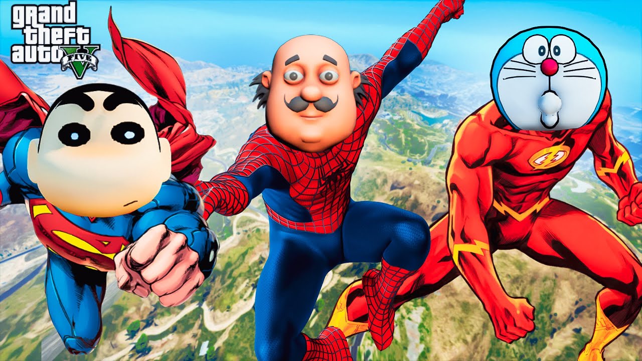 GTA V : Shinchan Doraemon Motu Become Superman SpiderMan Flash - MAHI GAME ZONE