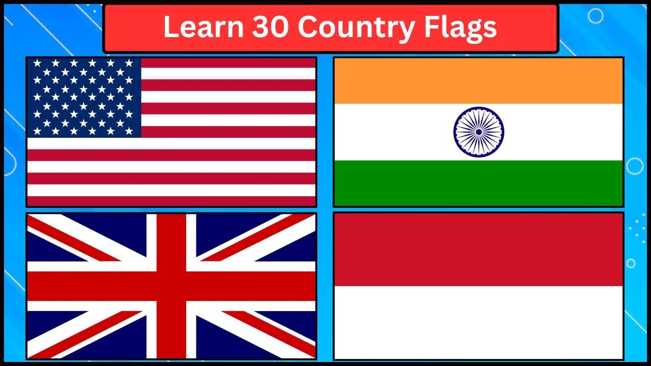 Learn Country Flags for Kids | Identify 30 Country Flags