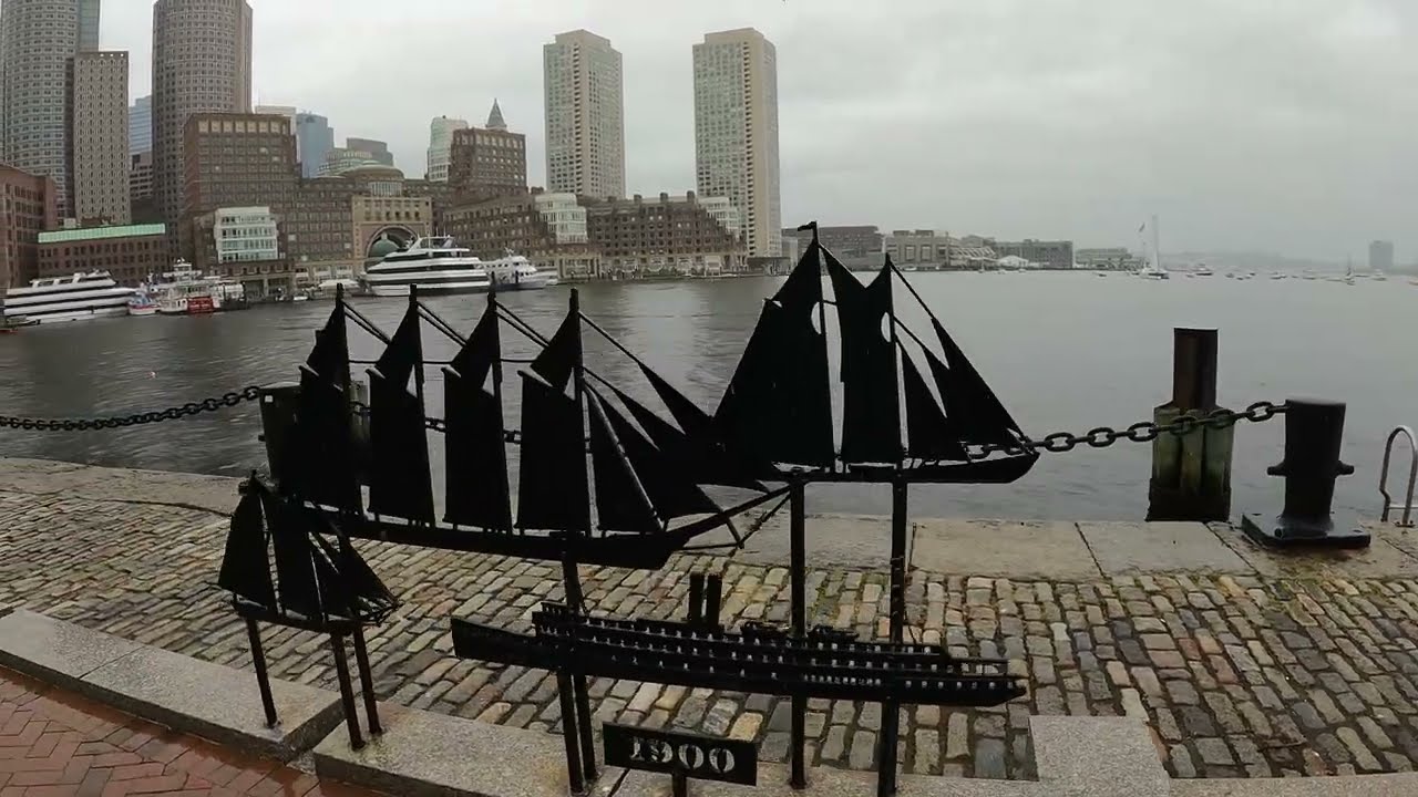 Boston MA Waterfront Walk Heavy Rainfall. Fort Point Channel, Tea Party Museum, Hood Bottle. ASMR