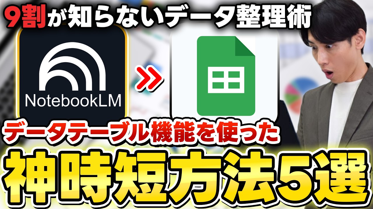 【超便利】Google最強AI「NotebookLM」神機能！「Date Table」活用方法5選を紹介！スプシ出力可能なデータ整理方法を解説！