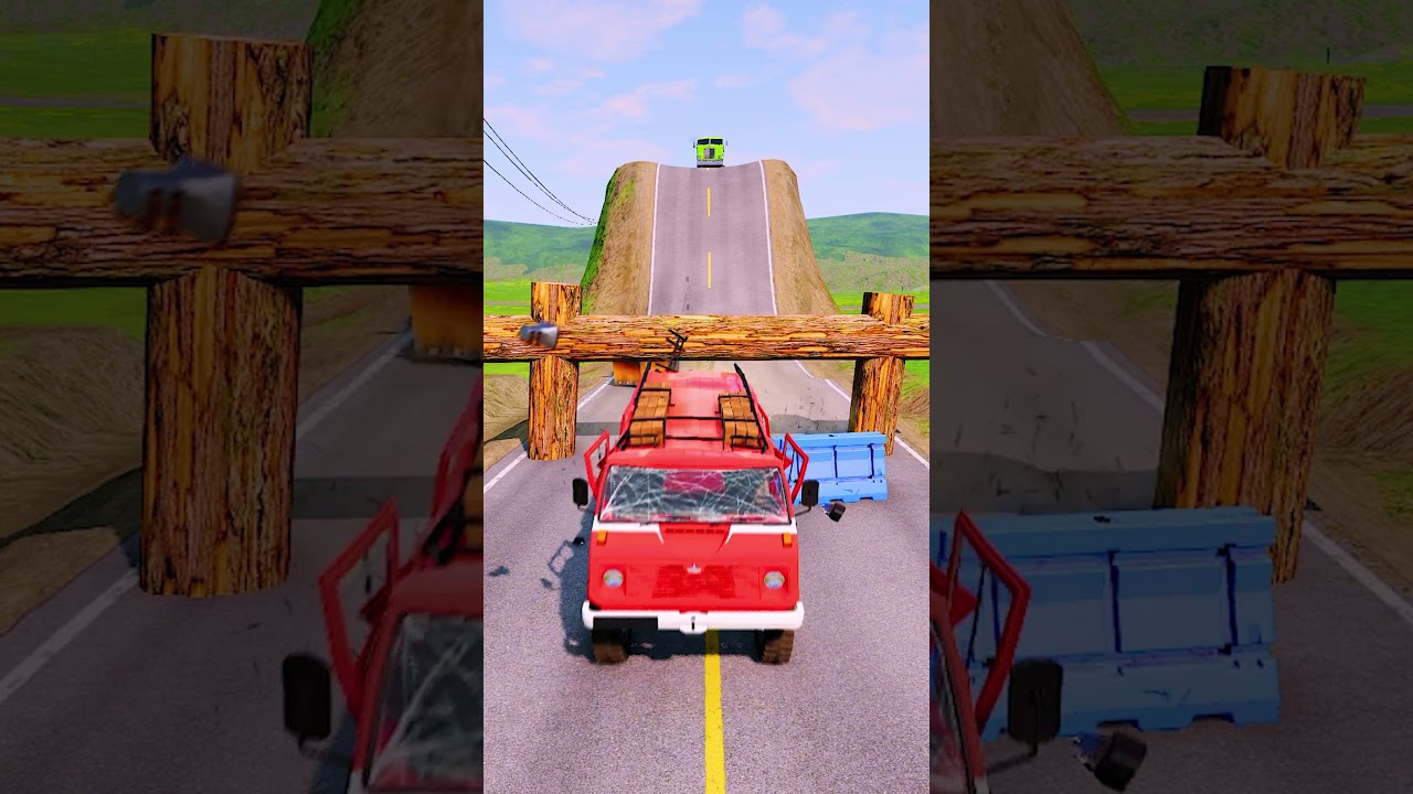 CARS & TRUCKS vs Log TRAP - BEAMng.Drive #shorts #car #cartoon #jcb